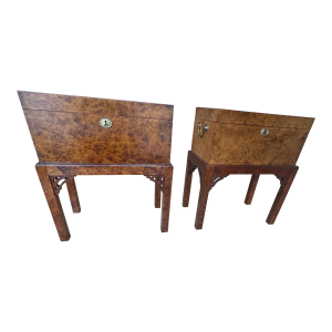 Pair of English Campaign Style Burl Wood Side Tables / Chests / Trunks on Stands – Anglo-Asian Influence, Chicago Merchandise Mart 1991