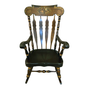 1960s Hand Made Nichols and Stone Solid Maple, Rocking Chair. High Back Floral Motif, Accented Throughout With Gold Tone Rings.