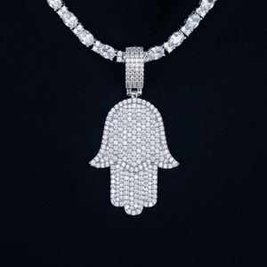 Large Iced Baguette Hamsa Pendant in White Gold