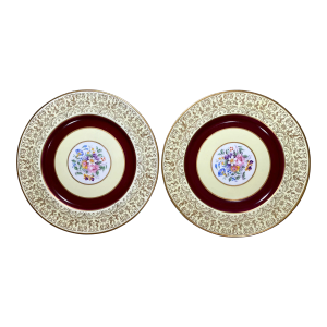 1930s Pareek Johnson Brothers England Dinner Plate - Set of 2, Yellow Rim, Red Verge Band, Floral Center & Gold Filigree
