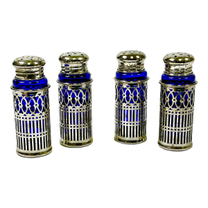 1940s Vintage Art Deco Hollywood Regency Cobalt & Silverplate Salt & Pepper Shakers - Set of 4