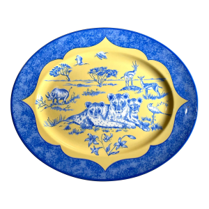 Lynn Chase “African Inspirations” Oval Serving Platter - Blue Wild Animal Scenes on Yellow, Blue Rim