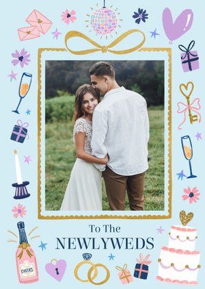 Illustrated Photo Upload Newlyweds Wedding Card