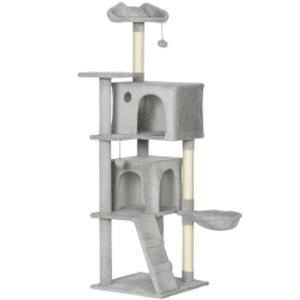 PawHut Árbol Rascador para Gatos 160 cm con Plataformas Cama 2 Cuevas Hamaca Escalera Postes de Sisal Gris Claro