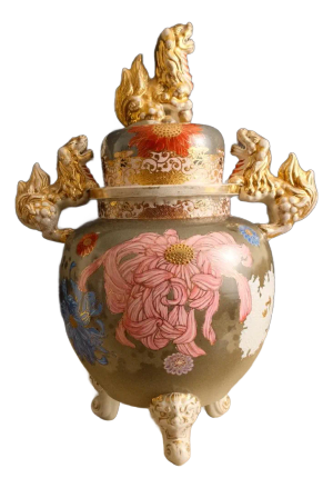 Vintage Japanese Satsuma-Style Gilt Porcelain Incense Burner With Shishi Foo Dogs
