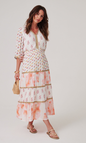 Floral Printed Folk Style Maxi Dress - White/Lt Gold