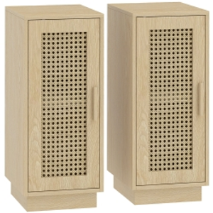 HOMCOM Conjunto de 2 Mesitas de Noche con Puerta de Ratán, Mesillas de Noche Estilo Boho Estante Ajustable Natural