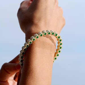 Emerald Iced Multi Dimensional Bangle Bracelet in Yellow Gold