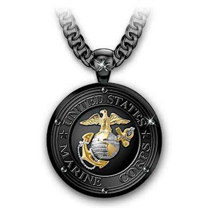 Black Sapphire Semper Fidelis USMC Pendant Necklace