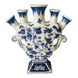 Vintage Chinoiserie Porcelain Hand Painted Blue & White Tulip Vase