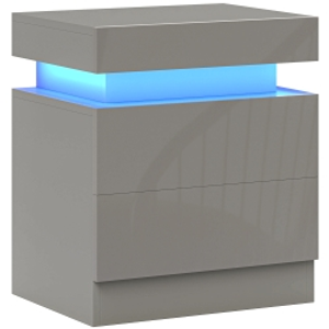 HOMCOM Grey Bedside Table with LED Light, High Gloss Front Nightstand with 2 Drawers, for Living Room, Bedroom