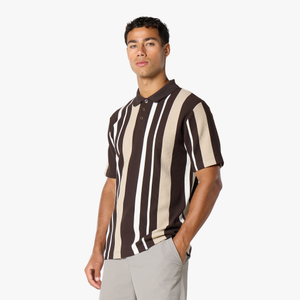 Striped Button Polo Shirt | White/Brown