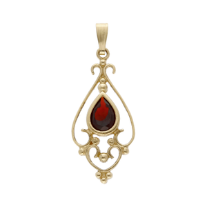 Pre-Owned 9ct Yellow Gold Garnet Teardrop Set Filigree Pendant