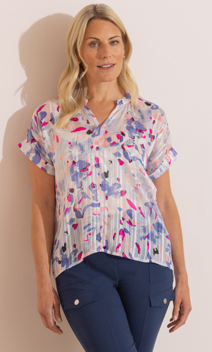 Anna Rose Short Sleeve Printed Top - Pink/Blue/Multi