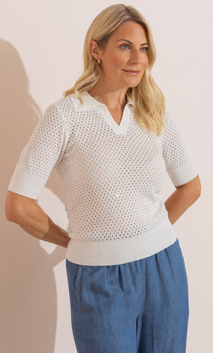 Anna Rose Embellished Eyelet Knit Top - White