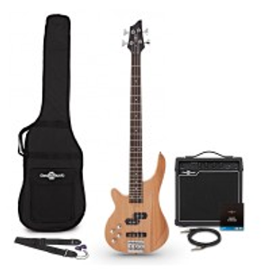 Chicago Left Handed Bass Guitar Natural, 15W Bass Amp & Accessory Pack