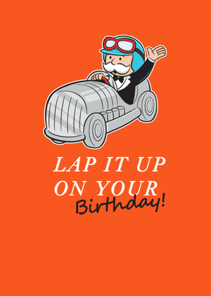 Monopoly Lap It Up On Your Birthday Cartoon Racing Car Birthday Card