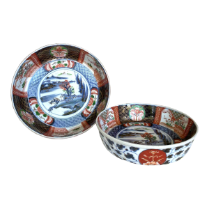 Mid 20th Century Antique Japanese Imari Porcelain Footed Rice Serving Bowl - Hand Painted With Blue Fuku Mark - Set of 2