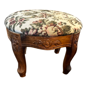 Vintage Carved Wood Footstool With Floral Tapestry Upholstery