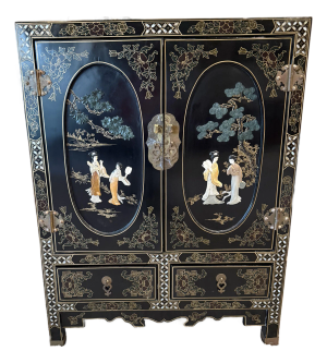 Vintage Chinese Black Lacquer Cabinet With Mother-of-Pearl Figures