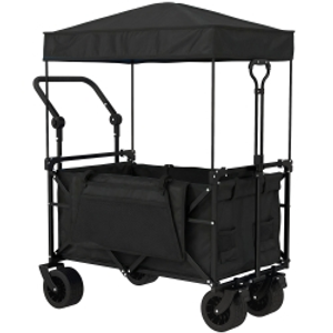 Outsunny Carro de Jardín Plegable con Ruedas Grandes Bloqueables Barra Ajustable Portavasos para Campaña 125x59x133 cm Negro
