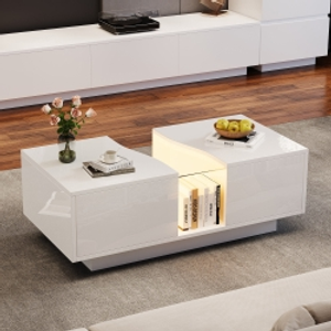 Modern Coffee Table with 2 Storage Drawers, High Gloss Finish, Customisable LED Lights, Ideal for Living Room, 100L x 50W x 35H cm, White