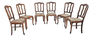 1930s Set of 6 Vintage French Oak Dining Chairs - Cabriole Legs, Floral Upholstery