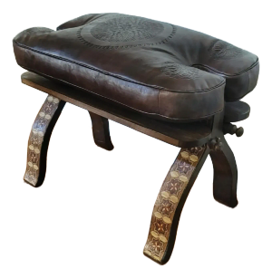 Handcrafted Moroccan Camel Saddle, Genuine Leather Cushion Stool in Dark Brown