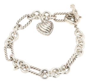David Yurman Diamond Classic Cable Heart Charm Bracelet, Sterling Silver