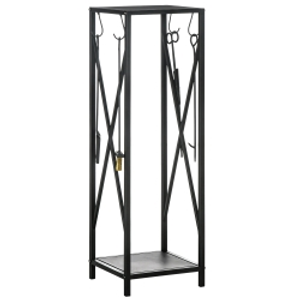 Outsunny Estante de Leña Metálico Leñero de Exterior con Ganchos Pala Cepillo Atizador y Tenazas Carga 65 kg 34x34x111 cm Negro