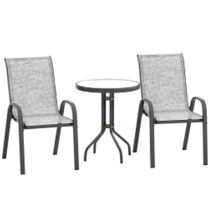 Outsunny Set de bistró 3 piezas con 2 sillas de jardín transpirables apilables y mesa redonda, juego de mesa y sillas de jardín de acero y vidrio, para patio, jardín, gris