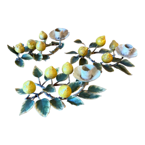 Vintage Tole Peinte Lemon Branch Candle Holders- Set of 3