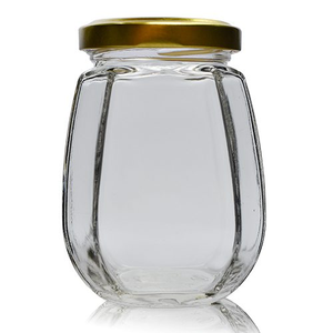 191ml Octagonal Recycled Glass Jam Jar With Lid - Gold (Button)