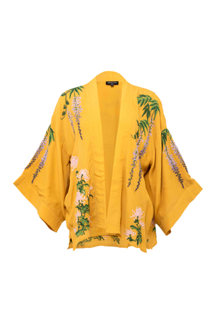 Wisteria & Chrysanthemum Embroidered Mustard Lined Short Kimono (one size)