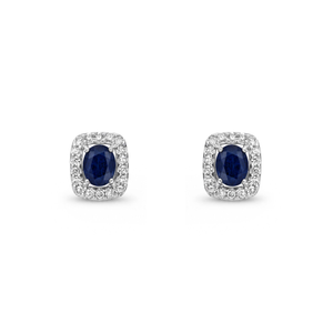 9ct White Gold Oval Natural Blue Sapphire and Round Diamond Cushion Cluster Stud Earrings