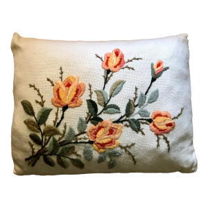 Vintage Handmade Crewel Pillow With Salmon Flowers and Sage Greenery on Cream Background