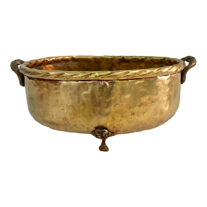 Vintage Hammered Brass Cachepot Planter With Paw Feet and Decorative Handles