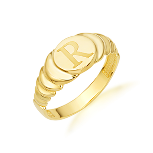 Yellow Gold Engravable Initial Letter A-Z Ribbed Signet Ring