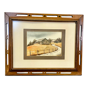 1970s Vintage Impressionist Arts & Crafts Farmhouse Original Watercolor Painting, Two Barns Landscape