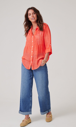 Washed Three Quarter Sleeve Crinkle Shirt - Coral