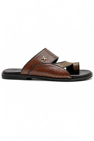 Men's Brown Handmade Real Leather Polished Printed Toe Loop Sandals