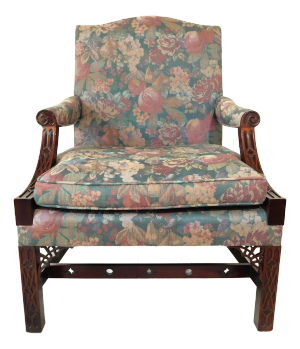 Kindel Mahogany Wood Fretwork Floral Upholstered Lounge Armchair