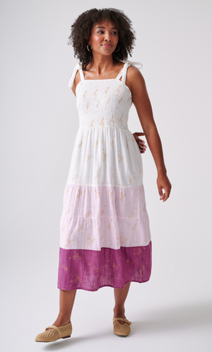 Floral Shimmer Print Smocked Cotton Midaxi Dress - Pink