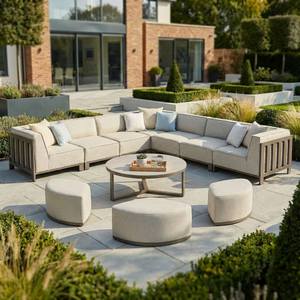 Maze - Outdoor Fabric Ibiza Large Corner Sofa Set with Round Coffee Table & 3 Footstools - Latte