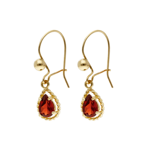 Pre-Owned 9ct Yellow Gold Rope Edge Garnet Drop Earrings