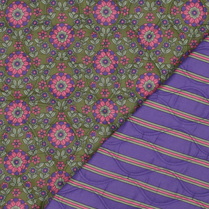 Tissu matelassé voile de coton fleurs - Vert armée