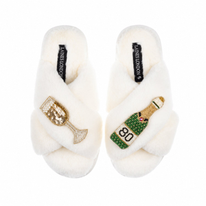 Classic Laines Slippers With Champagne & Glass 80Th Birthday Brooches - Cream (M)