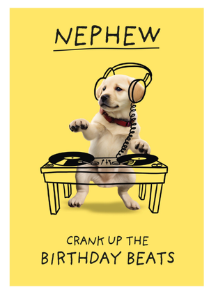 Moonpig Nephew Crank Up The Birthday Beats Line Drawn Headphones And Dj Decks Birthday Card