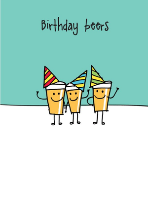 Moonpig Illustration Of Beer Characters Wearing Party Hats Birthday Card