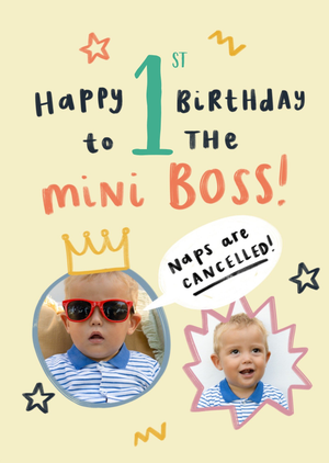 Moonpig Designers Mini Boss Happy 1st Birthday Photo Upload Card
